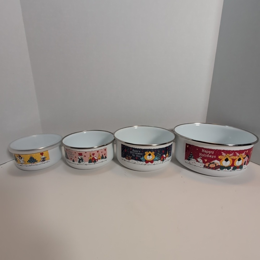 Vintage Christmas Enamel Nesting Storage Bowls - Set Of - 5 Great Condition - Picture 3 of 10